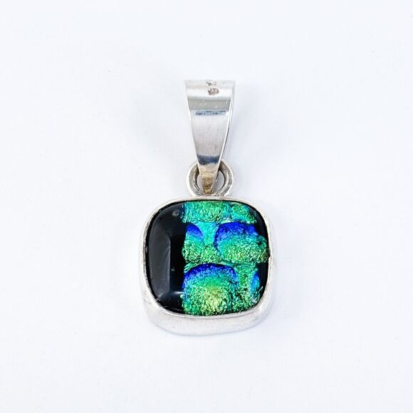 Vintage Artisan Sterling Silver 925 Blue Green Dichroic Glass Pendant - Picture 2 of 7